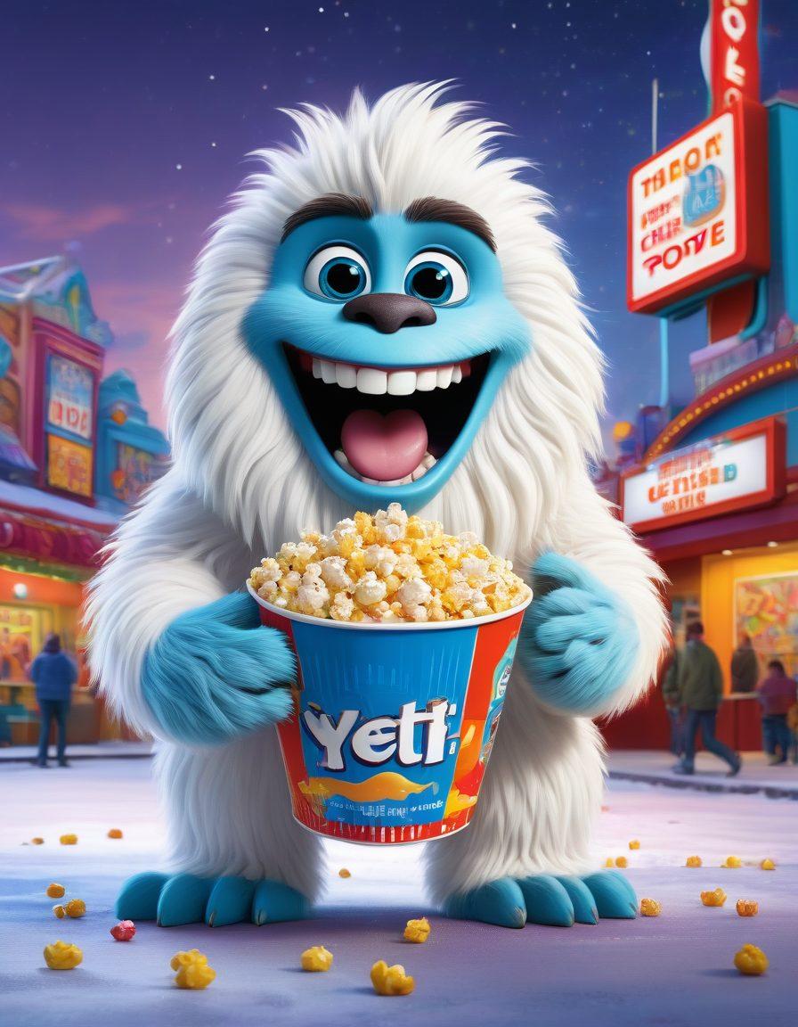 A whimsical illustration of a playful yeti character laughing joyfully while surrounded by iconic scenes from various amusing yeti movies, colorful popcorn scattered around, and a bright cinema marquee in the background showcasing movie titles. The yeti should have oversized cartoonish features, and the scene should evoke a sense of fun and adventure. vibrant colors. cartoon style. 