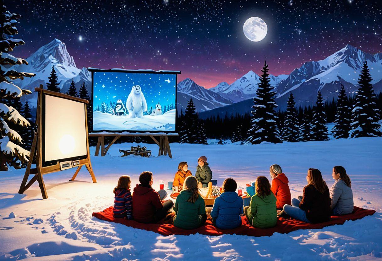 A whimsical snowy landscape featuring a friendly, cheerful yeti watching a family of diverse characters enjoying a movie together outdoors, with colorful film reels scattered around, popcorn flying in the air, and a starry night sky above. The atmosphere should be warm and inviting, capturing the joy of family bonding over films. super-realistic. vibrant colors.