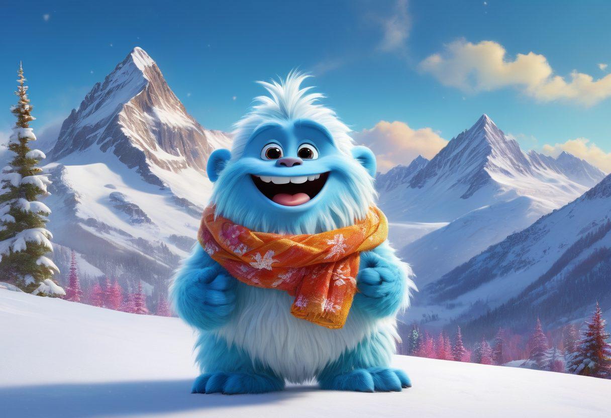 A whimsical scene featuring a friendly yeti with a big smile, wearing colorful winter attire, surrounded by playful snowflakes and a backdrop of snowy mountains. Include children laughing and playing in the snow, building snowmen with the yeti. Add colorful film reels and popcorn scattered around to represent family-friendly films, capturing a joyful, light-hearted atmosphere. cartoon style. vibrant colors.